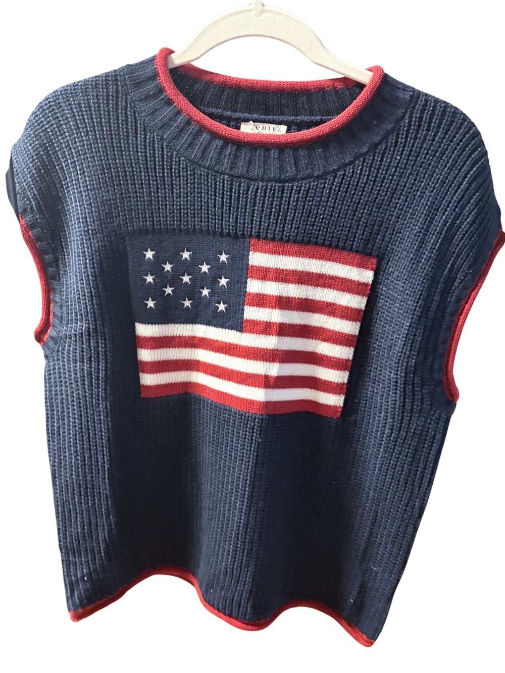 NWT JODIFL Medium Navy Knit Drop Shoulder Top w/Red Trim, American Flag 🇺🇸